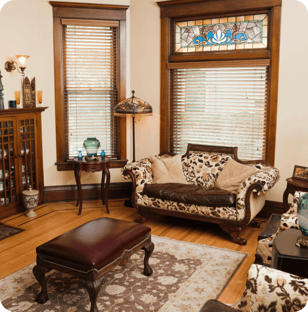 Vintage living room with stained glass window.