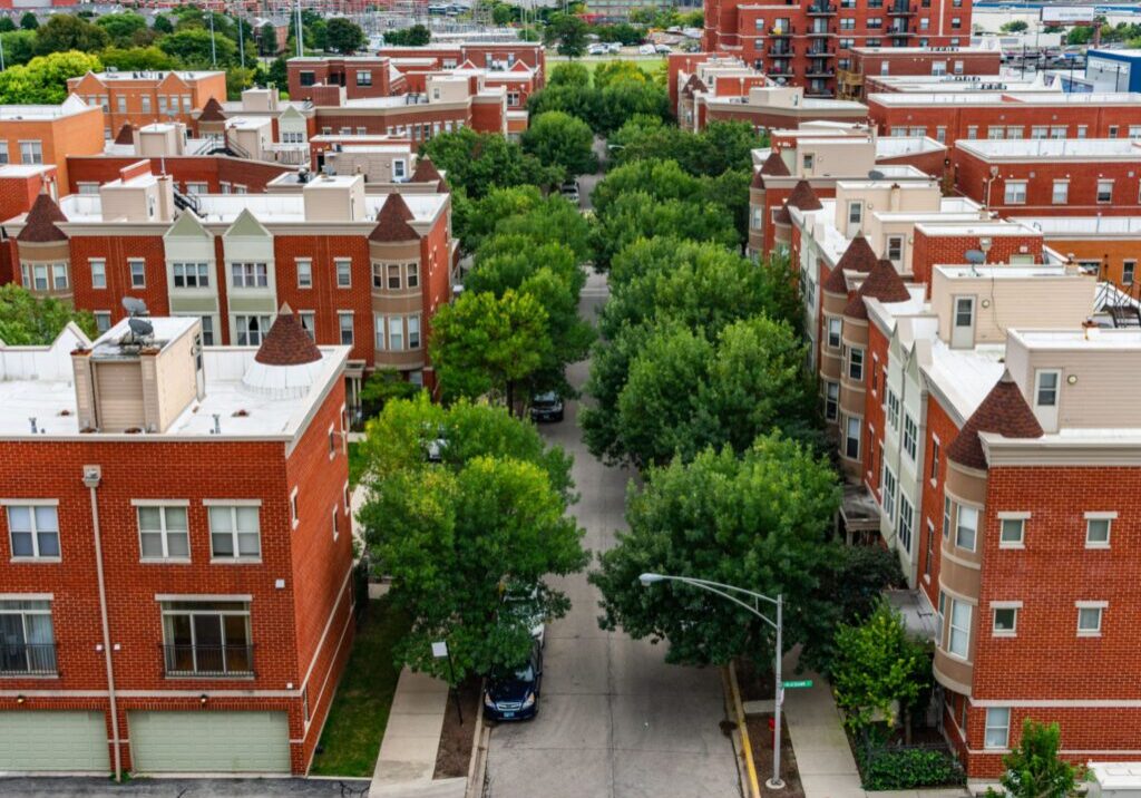 Red brick buildings with tree-lined street.